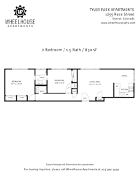 A floor plan for a 2 bedroom, 1.5 bath apartment at Wheelhouse Apartments.