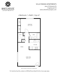 A floor plan for a one bedroom apartment with one bath and 630 square feet.