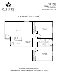 A floor plan for a 2 bedroom, 1 bath apartment at The Vines.