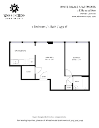 A floor plan for a 1 bedroom/bath apartment at White Palace Apartments.