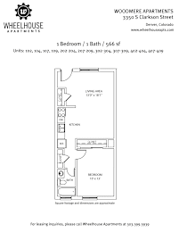 A floor plan for a 1 Bedroom/1 Bath apartment at Wheelhouse Apartments.