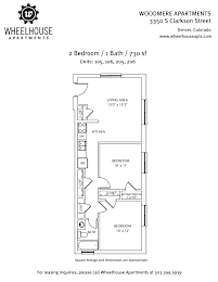 A floor plan for a 2 bedroom, 1 bath apartment at Wheelhouse Apartments.