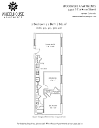 Floor plan for a 2 bedroom, 1 bath apartment at Wheelhouse Apartments.