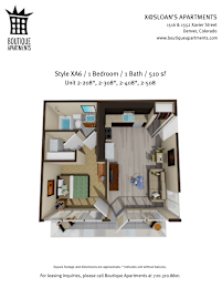 A floor plan of a studio apartment with a bed, bath, and kitchenette.