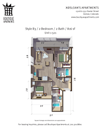 A floor plan for a Boutique Apartments unit shows a layout with two bedrooms and two bathrooms.