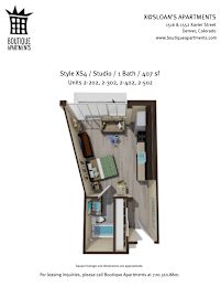 A floor plan of a studio apartment with a bath and a bed.