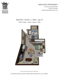 Apartment layout for XS1 style studio apartments at Boutique Apartments.