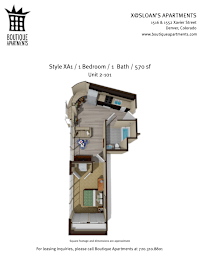 A floor plan of a one bedroom apartment with a living room, kitchen, and bathroom.