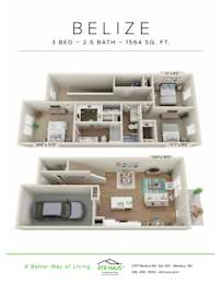 A Belize 3 Bed - 2.5 Bath - 1564 SQ. FT. floor plan.