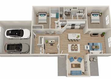 A top-down view of a house layout with a car parked in the garage.