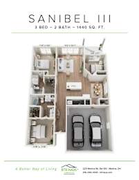 A floor plan for a 3 bedroom, 2 bathroom apartment that is 1440 square feet.