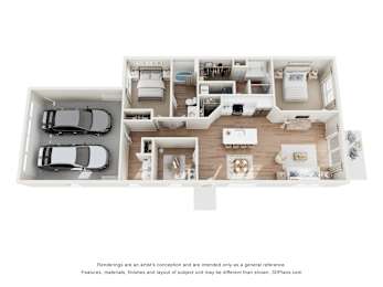A 3D floor plan of a house with a kitchen, living room, and two bedrooms.