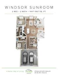 A floor plan of a Windsor Sunroom with two bedrooms and two bathrooms.