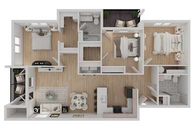 A 3D floor plan of a small apartment with a kitchen, living room, and bedroom.