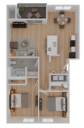 A top-down view of a small apartment layout with a kitchen, living room, and bathroom.