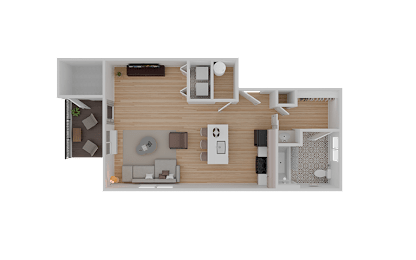 A top-down view of a house layout with a living room, kitchen, and bathroom.