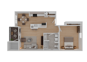 A top-down view of a modern apartment layout with a kitchen, living room, and bedroom.