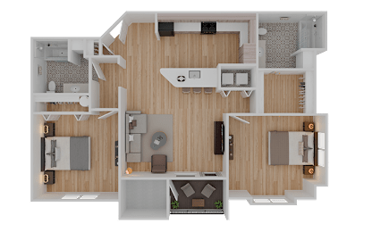 A 3D rendered image of a house layout.