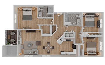 A top-down view of a house layout with various rooms and furniture.