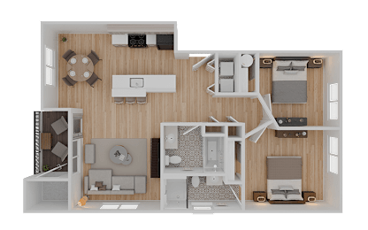 A top-down view of a small apartment layout with a kitchen, living room, and bedroom.