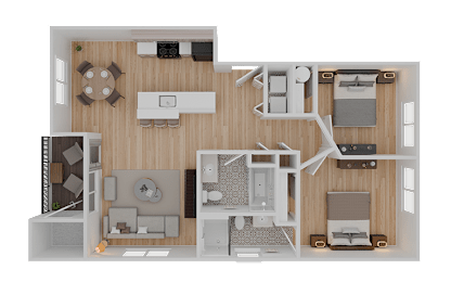 A top-down view of a small apartment layout with a kitchen, living room, and bedroom.