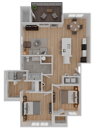 A detailed 3D floor plan of a house layout.