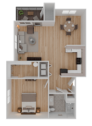 A 3D floor plan of a house layout.
