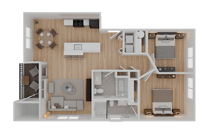 A top-down view of a small apartment layout with a kitchen, living room, and bedroom.