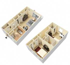 Two floor plans of a house with a kitchen, living room, and bedrooms.