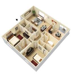 A 3D model of a house with multiple rooms and furniture.