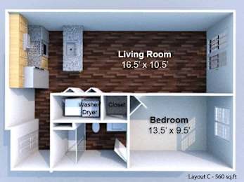 A layout of a living room and bedroom with dimensions.