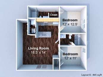 A layout of a small apartment with a living room, two bedrooms, and a closet.