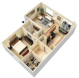 A 3D image of a house layout with a living room, kitchen, dining room, and bedrooms.