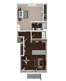 A top-down view of a small apartment with a kitchen, living room, and bathroom.