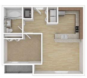 A floor plan of a house with a kitchen, living room, and bathroom.