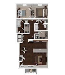 A floor plan of a two-story apartment with a living room, kitchen, dining room, and bedrooms.