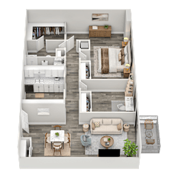 A 3D floor plan of a house with a living room, kitchen, dining room, and bedrooms.