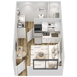 A top-down view of a modern, well-organized kitchen and living room.