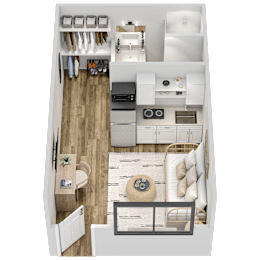 A top-down view of a small, well-organized kitchen and living room.