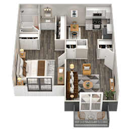A top-down view of a modern apartment layout with a kitchen, living room, and bedrooms.