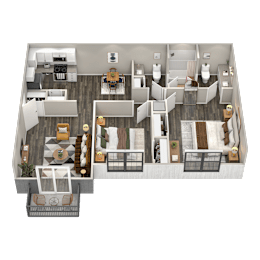A top-down view of a house interior with a kitchen, living room, and two bedrooms.