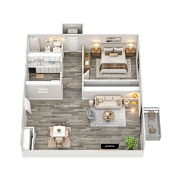 A top-down view of a well-furnished apartment layout.