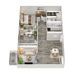 A top-down view of a modern apartment layout with a living room, kitchen, and bathroom.