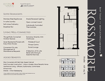 A page from a brochure for a property in Rossmore, highlighting the suite features, living well-connected, and added benefits.