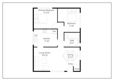 A floor plan of a house with a living room, dining room, kitchen, two bedrooms and a bathroom.