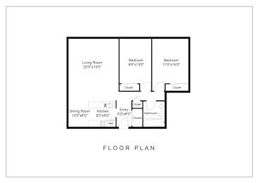 A floor plan of a house with a living room, two bedrooms, a dining room, a kitchen, an entry, a bathroom, and a closet.