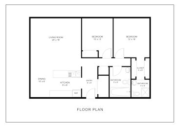 A black and white floor plan of a house with a living room, two bedrooms, a dining room, a kitchen, two bathrooms, and a laundry room.
