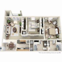 A 3D artist rendering of a house layout.