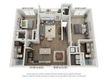 A 3D floor plan of a two-bedroom apartment with a living room, kitchen, and bathroom.