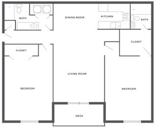 A floor plan of a house with a living room, two bedrooms, a dining room, a kitchen, and two bathrooms.